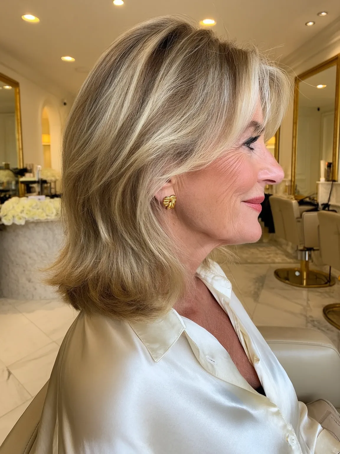 Medium-Length Straight Sandy Blonde Bob with Side-Swept Bangs